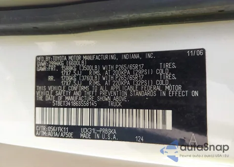 2006 Toyota Tundra Sr5 V8 z USA, uszkodzony, nr VIN 5TBET34186S558145